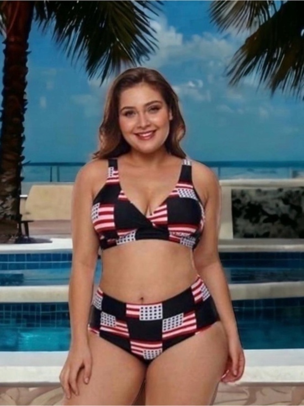 🫶🏻 Plus Size Black & Red Flag-Print Bikini Swimsuit